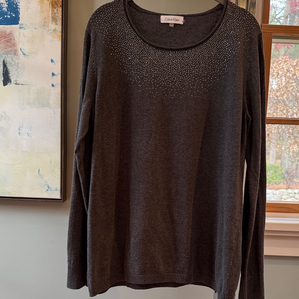 Calvin Klein Charcoal pullover Knit Sweater with sparkle dot  Accents Size Large